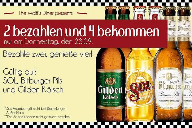 Tages-Special – 4 Bier für 2 nur am Donnerstag, 28.9.17