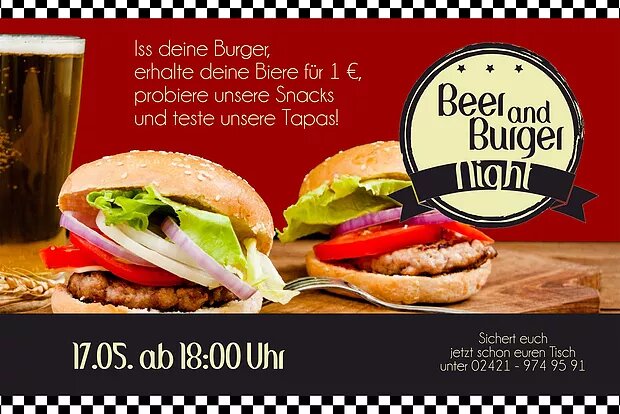 Beer & Burger Night 17.5.19 von 18 – 1 Uhr